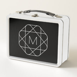 Black & White Geometric Monogram Metal Lunch Box