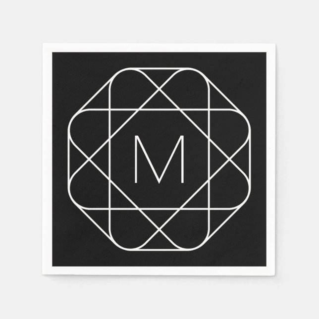 Black & White Geometric Monogram Napkin (Front)