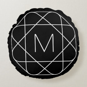 Black & White Geometric Monogram Round Pillow