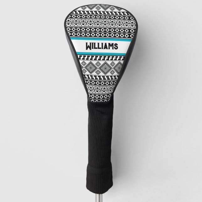 Black White Geometric Polynesian Tribal Monogram Golf Head Cover (Front)