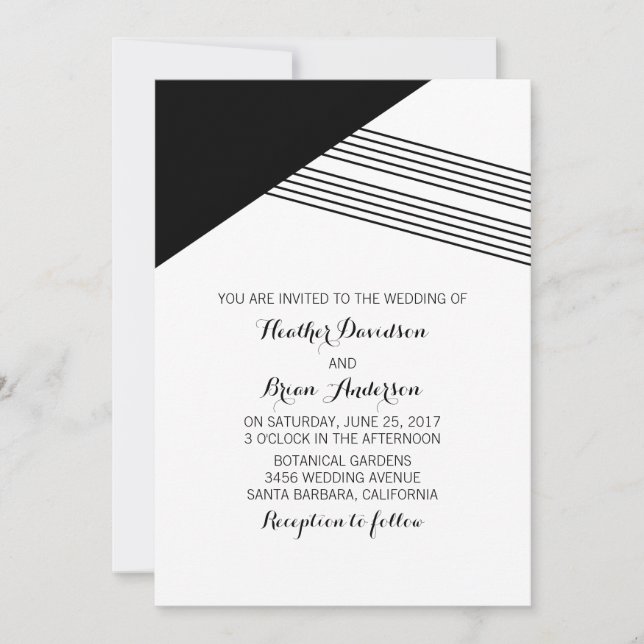 Black White Geometric Stripe Wedding Invite (Front)