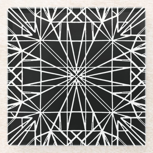 Black & White Geometric Symmetry Glass Coaster (Front)