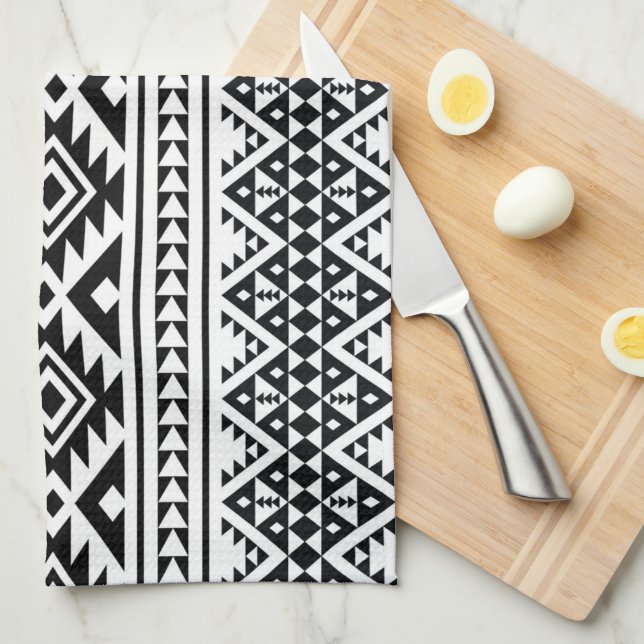 Black White Geometric Tribal Pattern Aztec Boho Kitchen Towel (Quarter Fold)