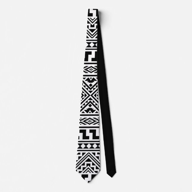 Black White Geometric Tribal Pattern Aztec Boho Tie (Front)