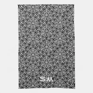 Black White Geometry Orb Monogram Kitchen Decor Towel