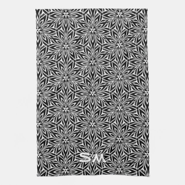 Black White Geometry Orb Monogram Kitchen Decor Towel (Vertical)
