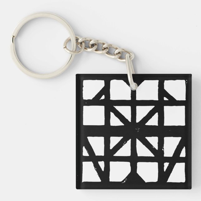 Black & White German Half-Timbered House Pattern Keychain (Front)