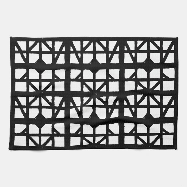 Black & White German Half-Timbered House Pattern Kitchen Towel (Horizontal)