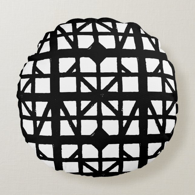 Black & White German Half-Timbered House Pattern Round Pillow (Front)