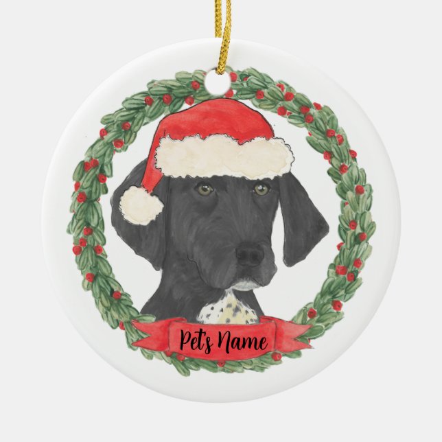 Black & White German Shorthaired Pointer Christmas Ceramic Ornament (Front)