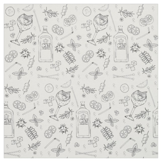 Black White Gin Tonic Cocktail Ingredients Pattern Fabric (Swatch)
