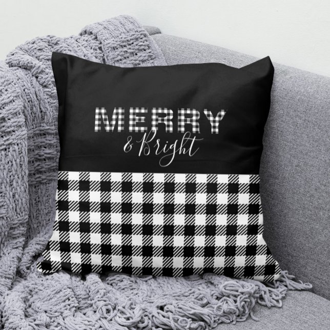 Black & White Gingham Buffalo Check Merry & Bright Throw Pillow (Merry and Bright Gingham / Buffalo Check Pillow in Black and White)