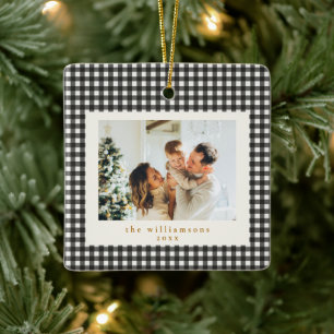 Black White Gingham Family Photo Christmas Holiday Ceramic Ornament