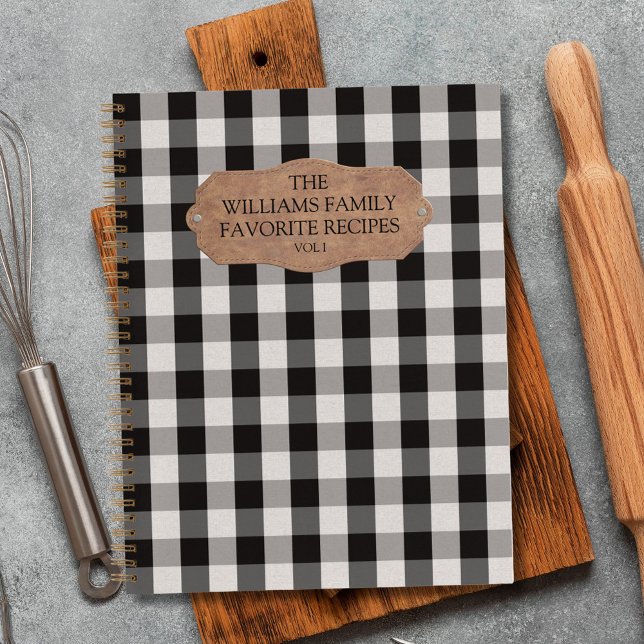 Black White Gingham Linen Farmhouse Family Recipe Notebook (In situ)