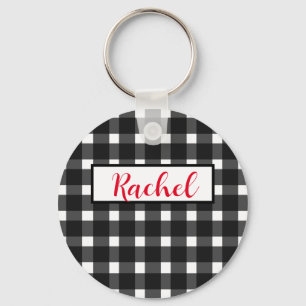 Black White Gingham Personalized Keychain