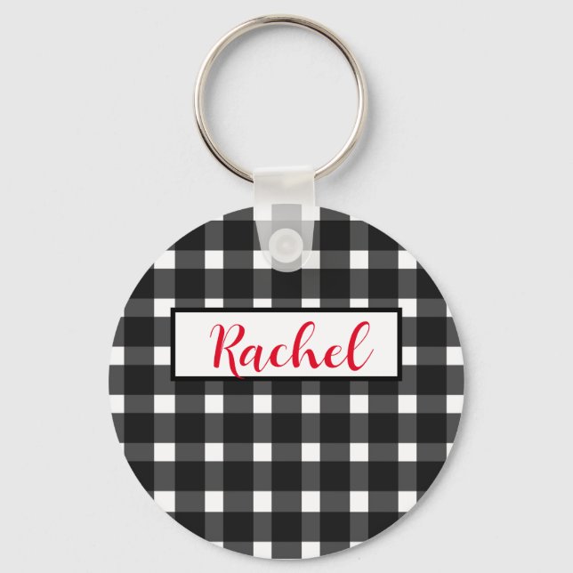 Black White Gingham Personalized Keychain (Front)