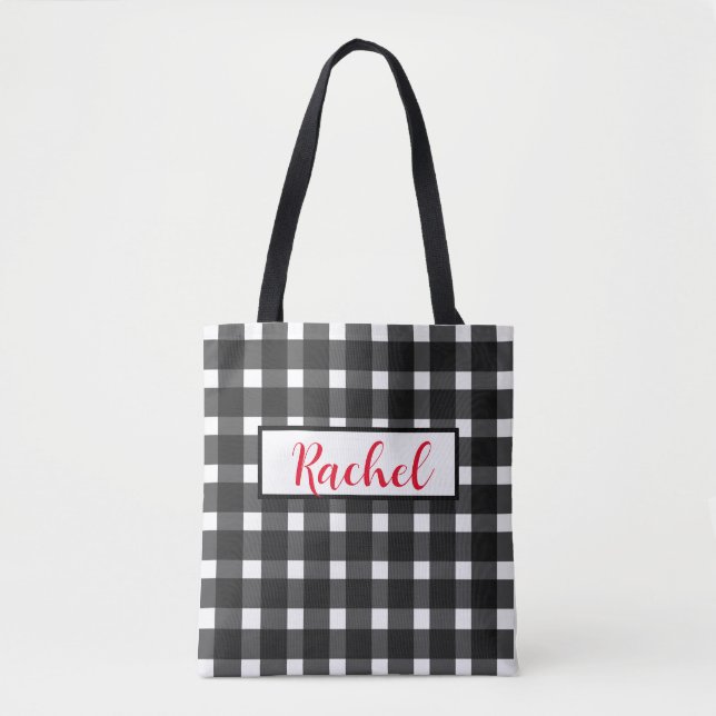 Black White Gingham Personalized Tote Bag (Front)