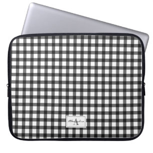 Black White Gingham Plaid Checked Pattern Monogram Laptop Sleeve