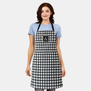 Black White Gingham Plaid Chequered Modern Monogra Apron