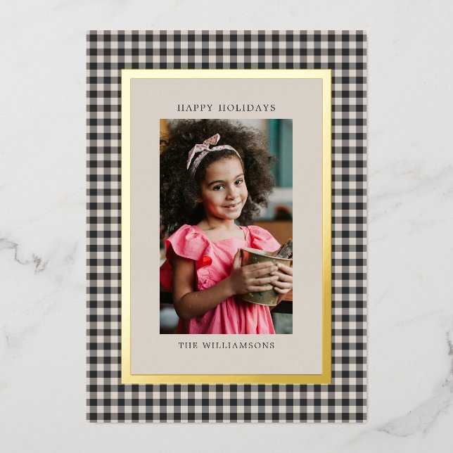 Black White Gingham Plaid Christmas Photo Gold Foil Holiday Card (Front)