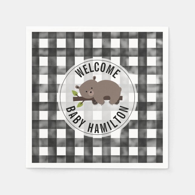 Black + White Gingham Sleepy Bear Baby Shower Napkin (Front)