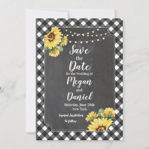 Black White Gingham Sunflower Chalk Save The Date