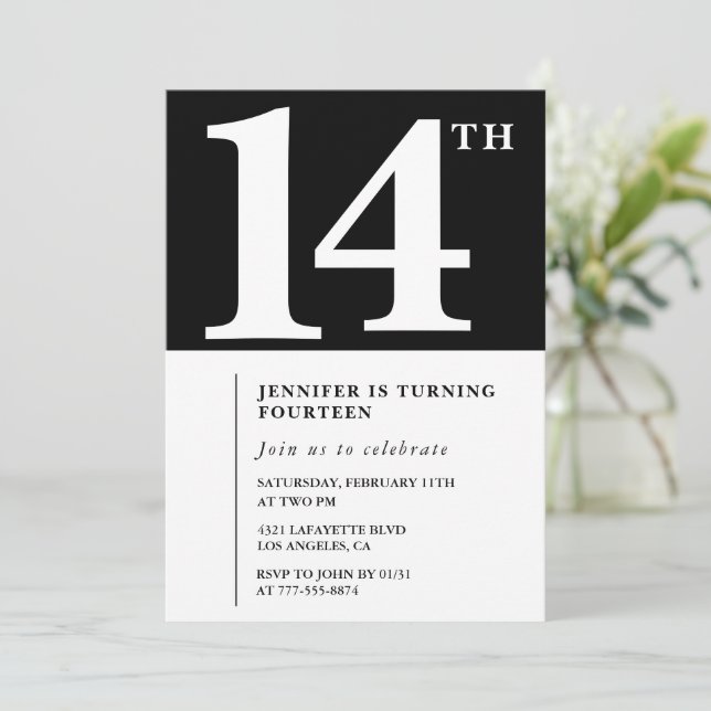 Black White Girl 14th birthday invitation Chic (Standing Front)