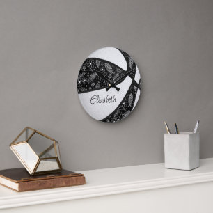 black white girly boho paislies pattern basketball round clock