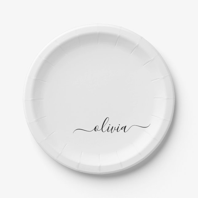 Black White Girly Script Monogram Name Modern Paper Plate (Front)