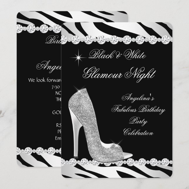 Black White Glamour Night Zebra Glitter Heel Invitation (Front/Back)