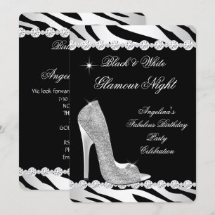Black White Glamour Night Zebra Glitter Heel Invitation