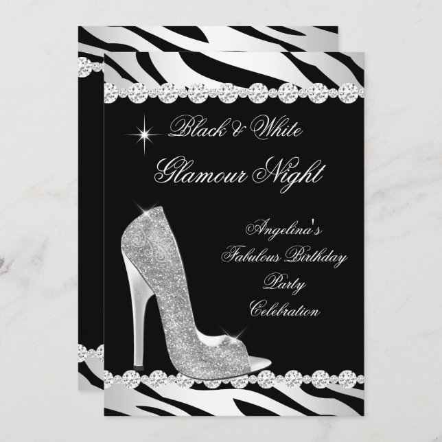 Black White Glamour Night Zebra Glitter Heel Invitation (Front/Back)
