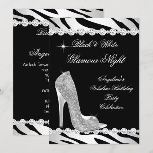 Black White Glamour Night Zebra Glitter Heel Invitation