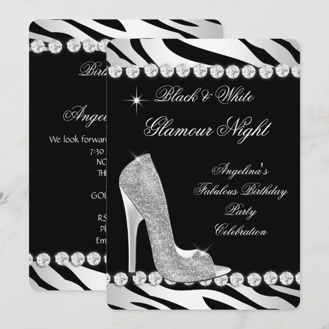 Black White Glamour Night Zebra Glitter Shoes Invitation (Front/Back)