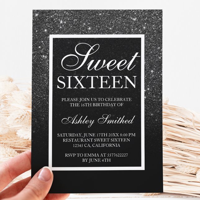 black white glitter elegant script chic Sweet 16 Invitation (Creator Uploaded)