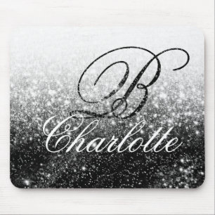 Black White Glitter Girly Script Monogram Name Mouse Pad