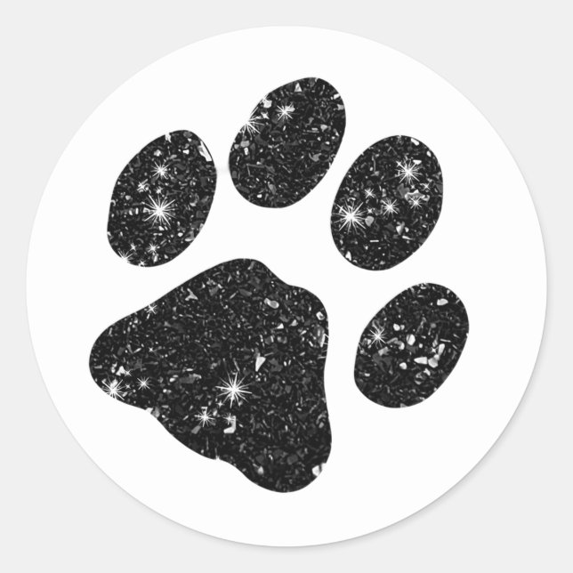 Black White Glitter Paw Print Classic Round Sticker (Front)