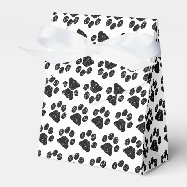 Black White Glitter Paw Print Favor Box (Front Side)