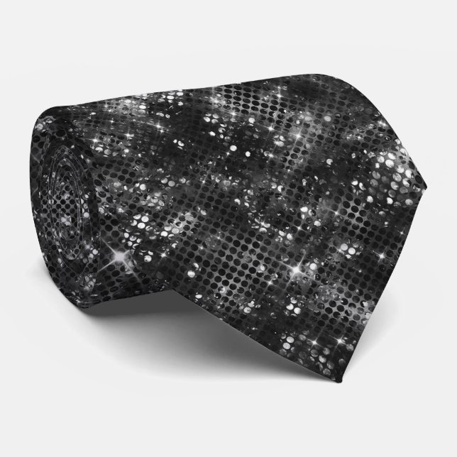 Black White Glitter Shiny Sparkle Glam Disco Tie (Rolled)