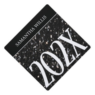 Black white glitter sparkles Custom name Class Graduation Cap Topper