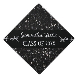 Black white glitter sparkles Custom name Class Graduation Cap Topper