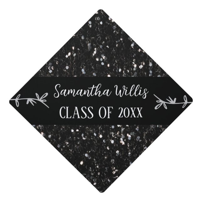 Black white glitter sparkles Custom name Class Graduation Cap Topper (Front)