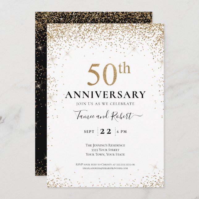 Black White Gold 50th Wedding Anniversary  Invitation (Front/Back)