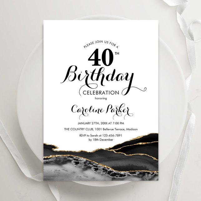 Black White Gold Agate 40th Birthday Invitation (Creator Uploaded)