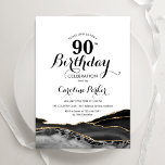 Black White Gold Agate 90th Birthday Invitation<br><div class="desc">Black,  white and gold agate 90th birthday party invitation. Elegant modern design featuring watercolor agate marble geode background,  faux glitter gold and typography script font. Trendy invite card perfect for a stylish women's bday celebration. Printed Zazzle invitations or instant download digital printable template.</div>