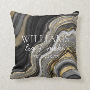 Black White Gold Agate Name Wedding Date Keepsake Throw Pillow