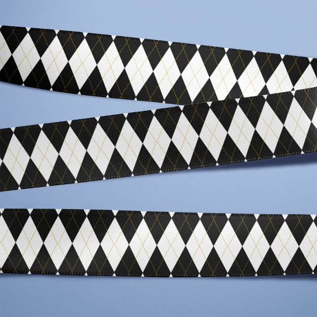 Black | White | Gold Argyle Pattern Satin Ribbon (Creator Uploaded)
