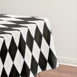 Black   White   Gold Argyle Pattern Tablecloth