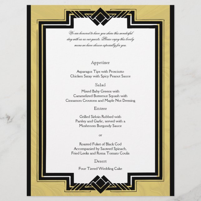 Black White Gold Art Deco Frame Wedding Menu (Front)