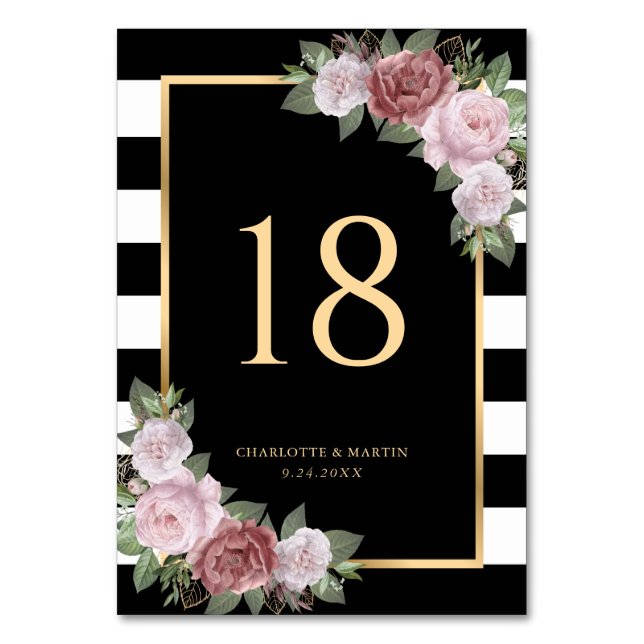 Black White Gold Blush Floral Table Number Card (Front)